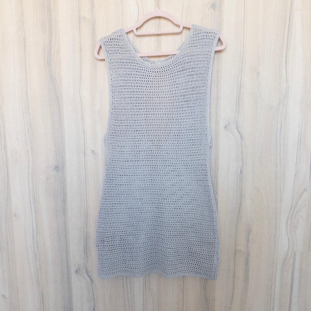 Womens Crochet Cover Up Mini Dress Tunic XL Beige Open Knit Beach Boho Festival